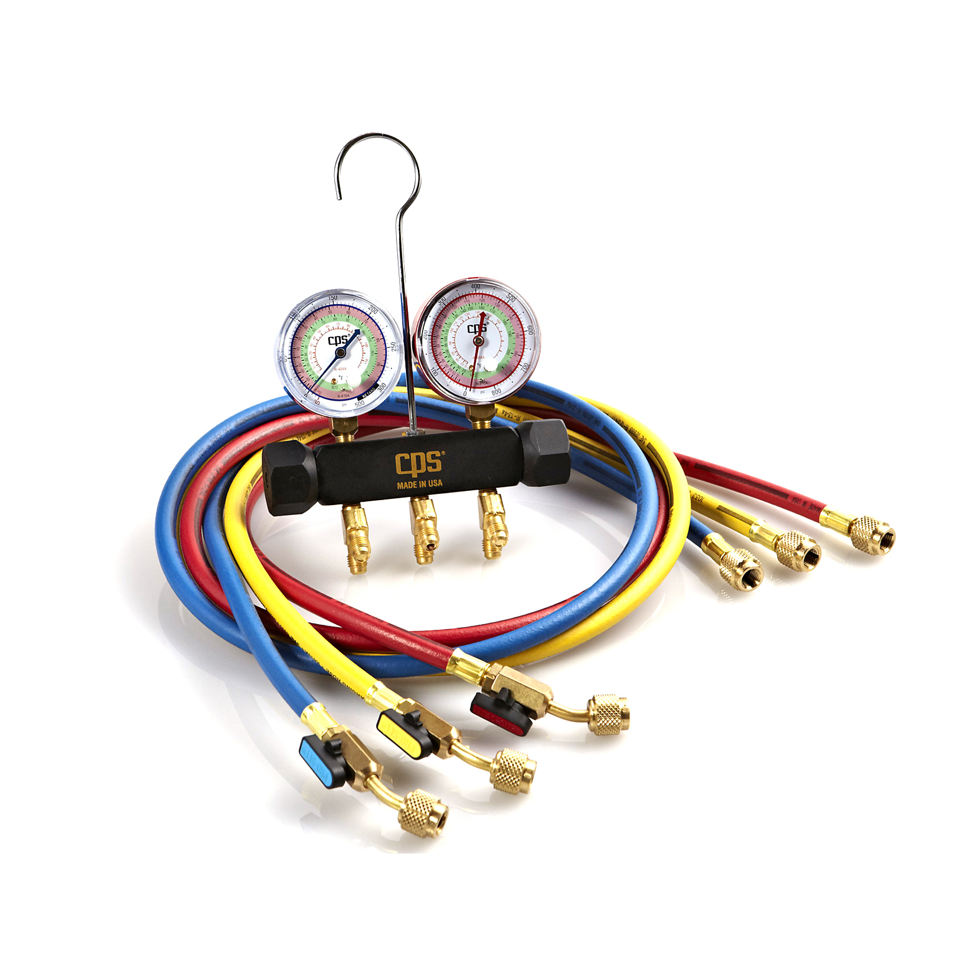 CPS Products Manifold and Gauge Set — 2-Valve, Anodized Aluminum, 1/4in. SAE 45° Fittings, Triple Seal Piston Valves, 2 1/2in. Class 1.6 Accuracy Gauges, Extra Access Port, Made in USA, Model#MBHP5E